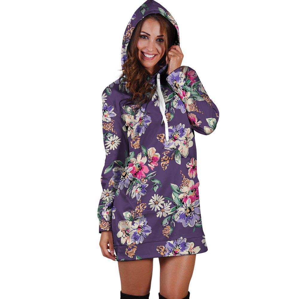 Purple Floral Print Hoodie Dress-grizzshop