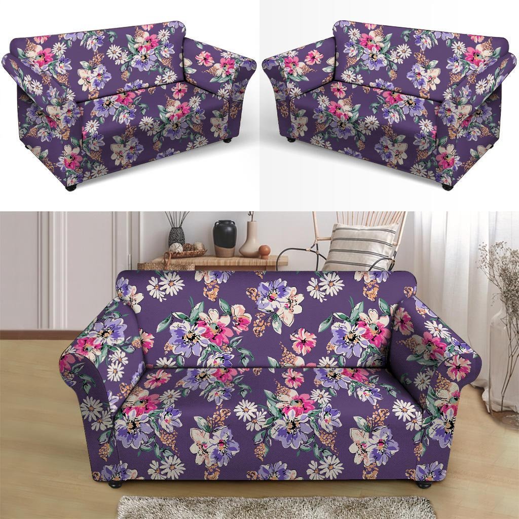 Purple Floral Print Loveseat Cover-grizzshop