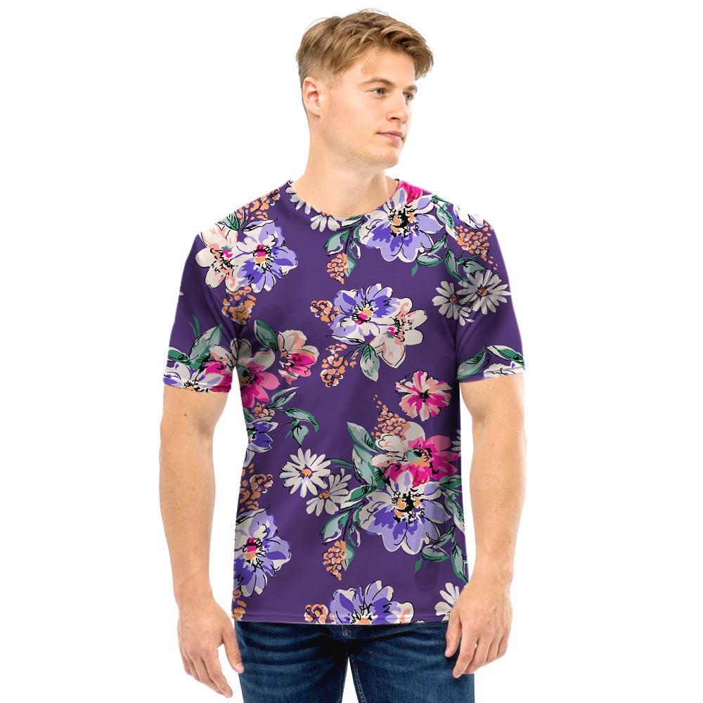 Purple Floral Print Men T Shirt-grizzshop