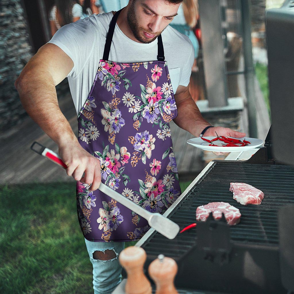 Purple Floral Print Men's Apron-grizzshop