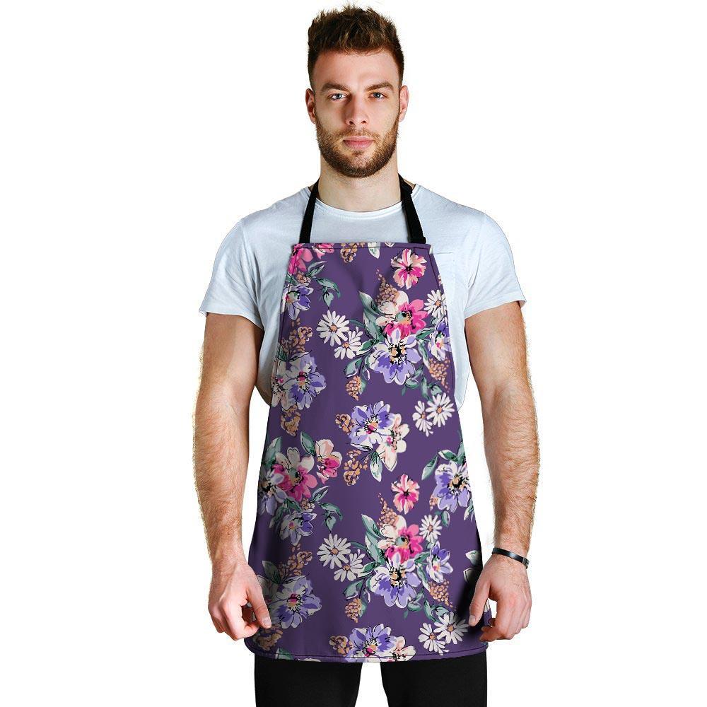 Purple Floral Print Men's Apron-grizzshop