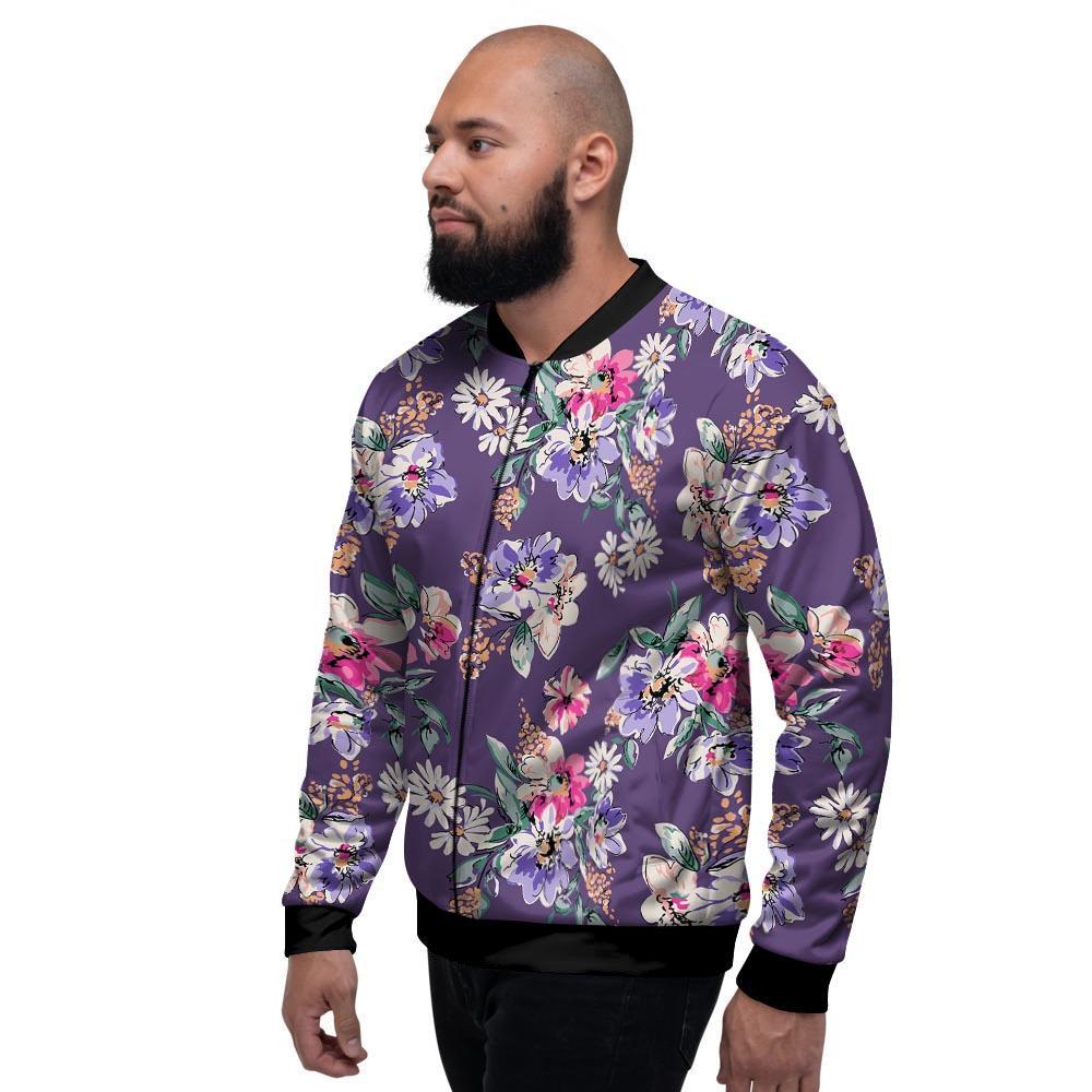 Purple Floral Print Men's Bomber Jacket-grizzshop