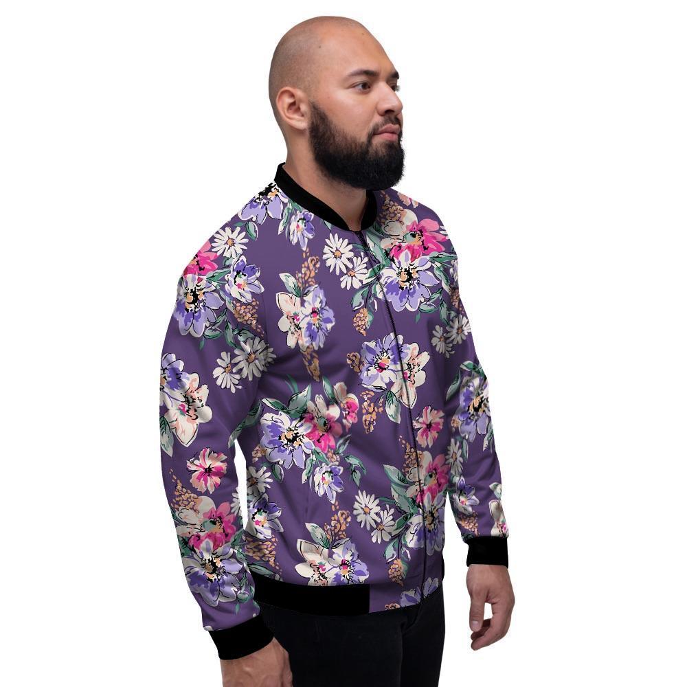 Purple Floral Print Men's Bomber Jacket-grizzshop