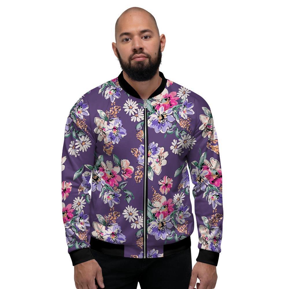 Purple Floral Print Men's Bomber Jacket-grizzshop