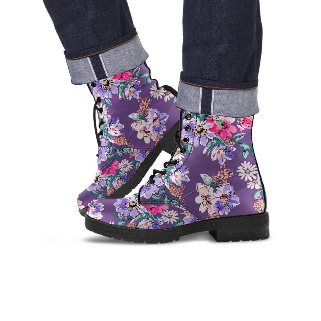 Purple Floral Print Men's Boots-grizzshop