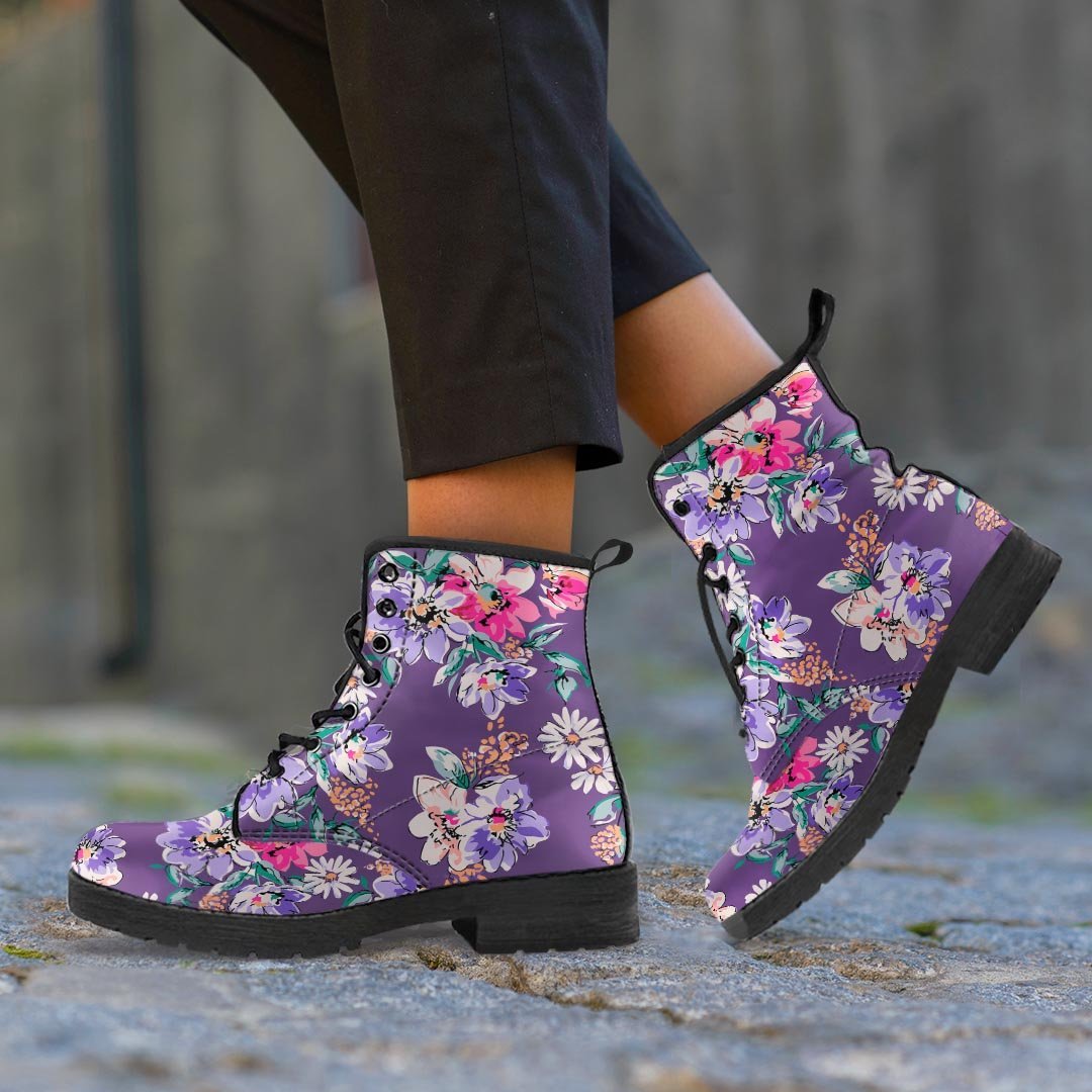 Purple Floral Print Men's Boots-grizzshop