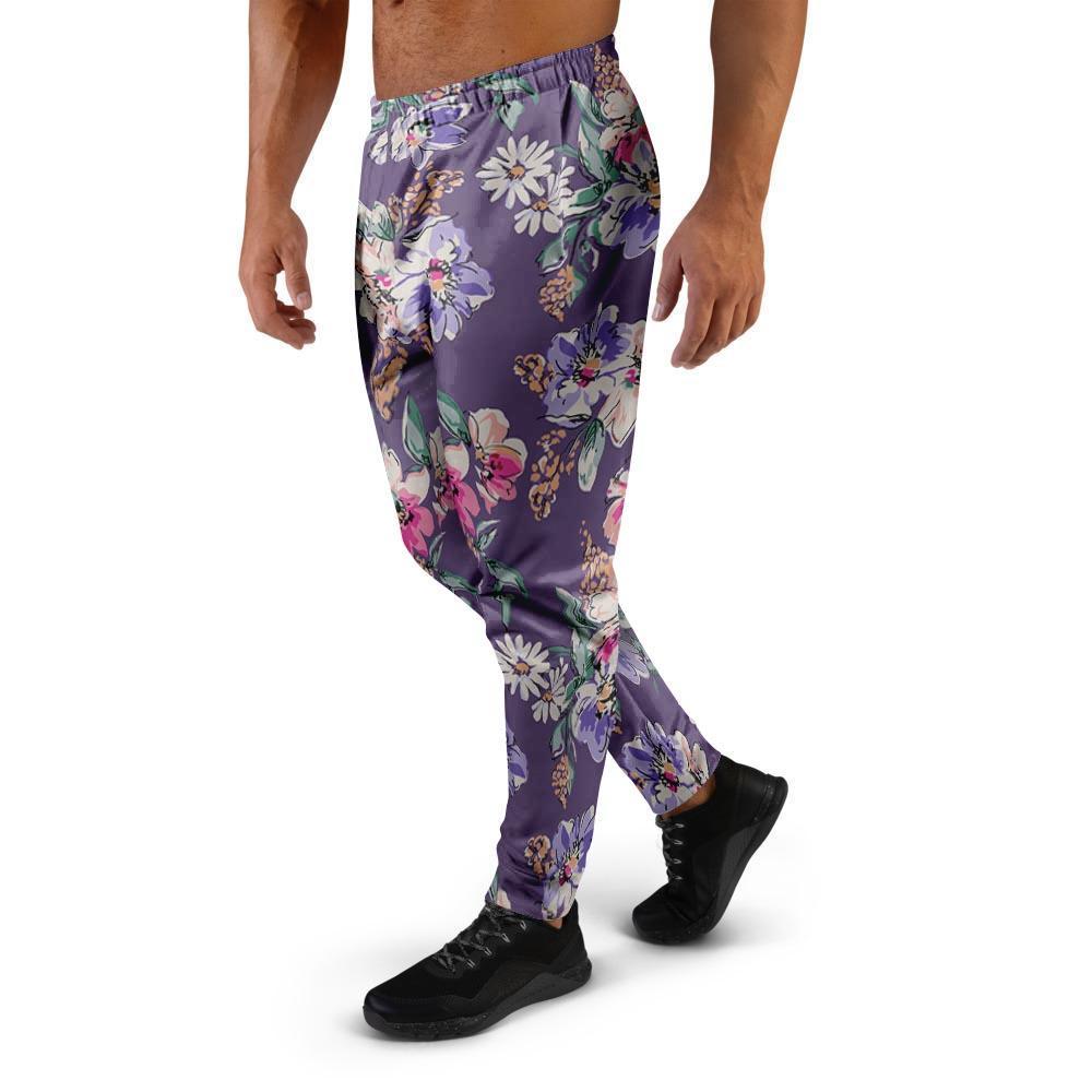 Purple Floral Print Men's Joggers-grizzshop