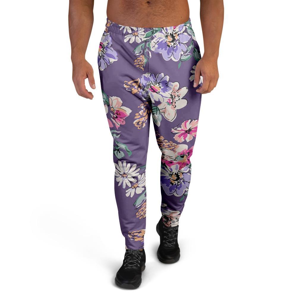 Purple Floral Print Men's Joggers-grizzshop