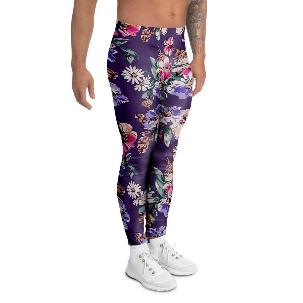 Purple Floral Print Men's Leggings-grizzshop