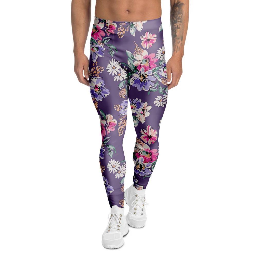 Purple Floral Print Men's Leggings-grizzshop