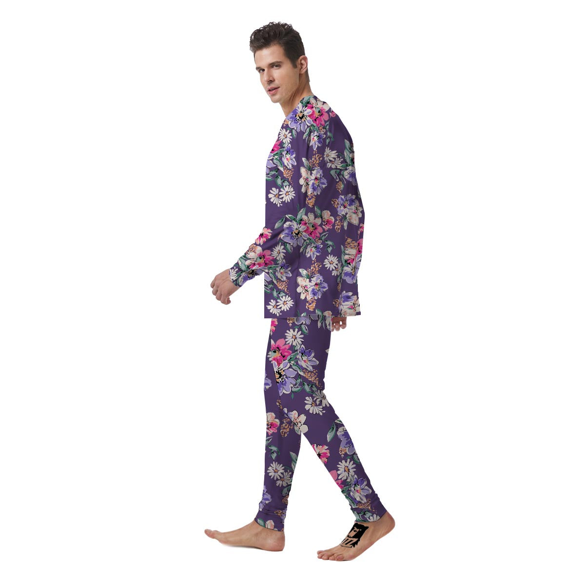 Purple Floral Print Men's Pajamas-grizzshop