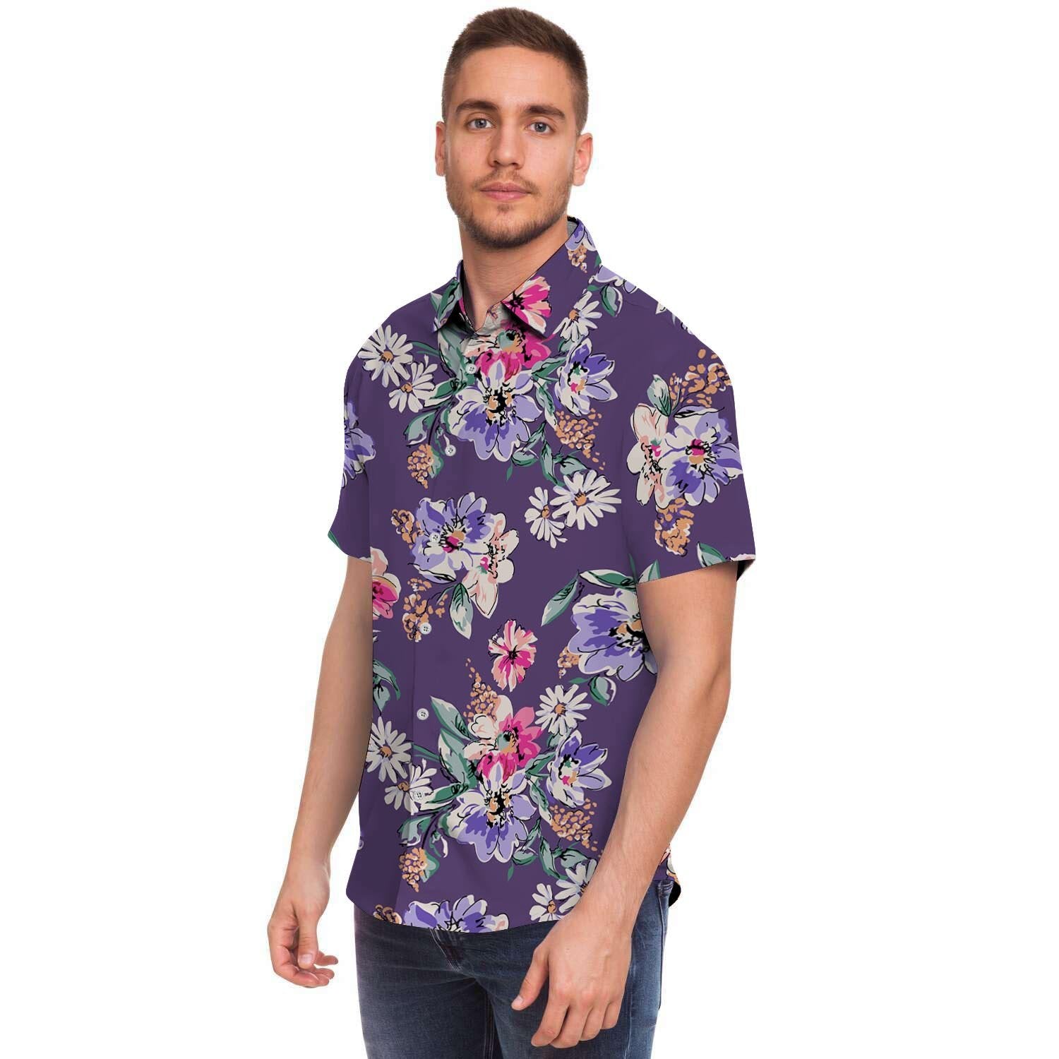 Purple Floral Print Men's Short Sleeve Shirt-grizzshop