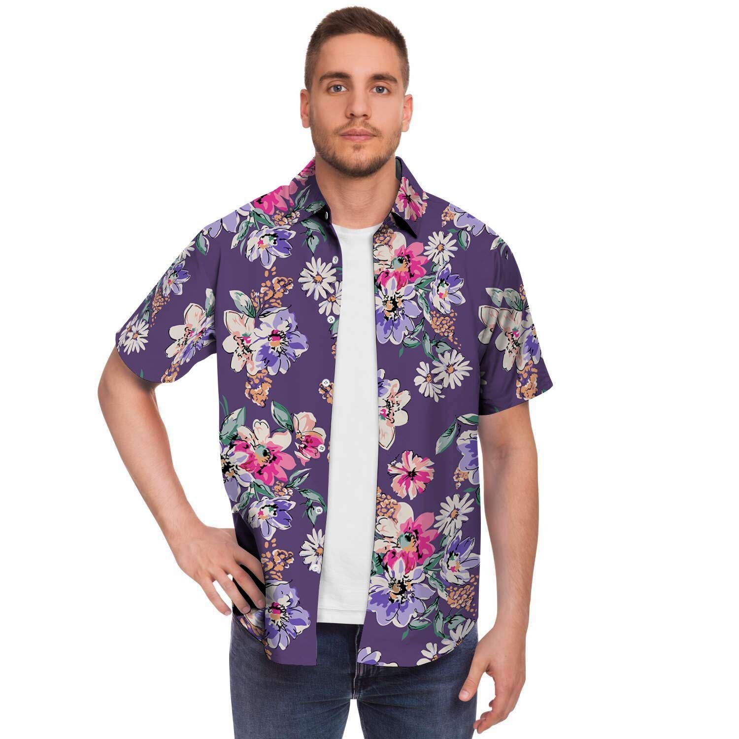 Purple Floral Print Men's Short Sleeve Shirt-grizzshop