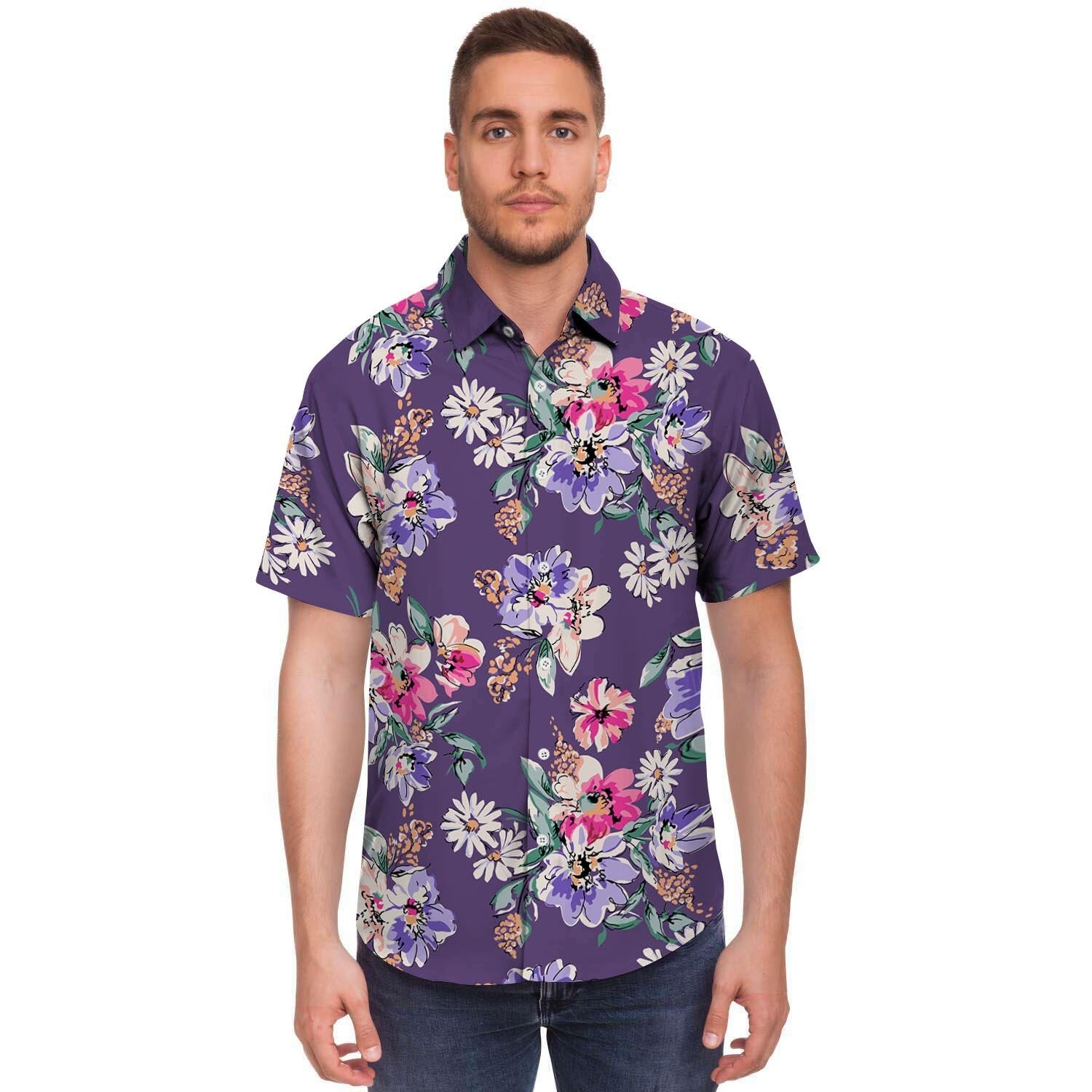 Purple Floral Print Men's Short Sleeve Shirt-grizzshop