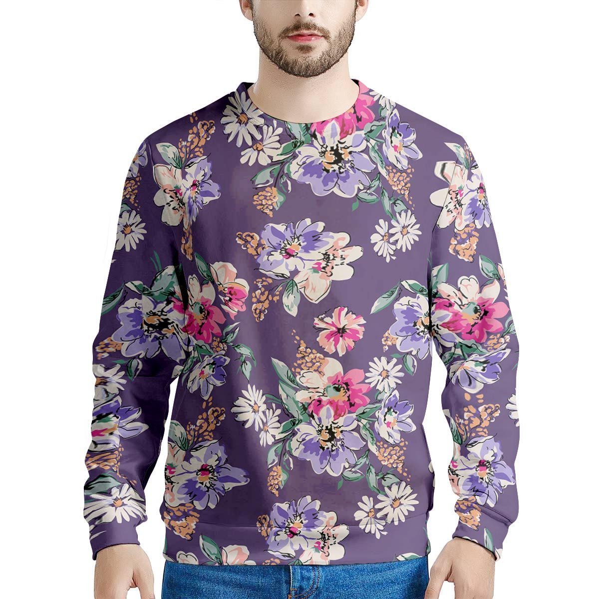 Purple Floral Print Men's Sweatshirt-grizzshop