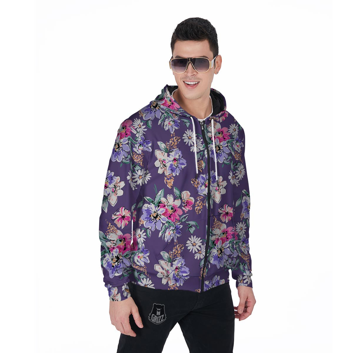 Purple Floral Print Men's Zip Up Hoodie-grizzshop
