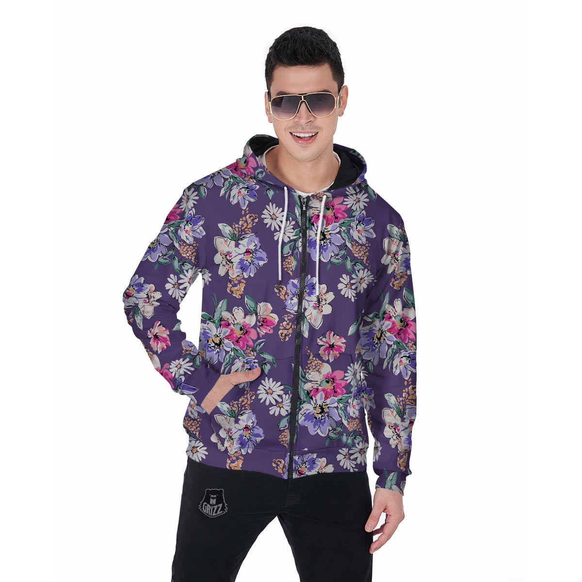 Purple Floral Print Men's Zip Up Hoodie-grizzshop