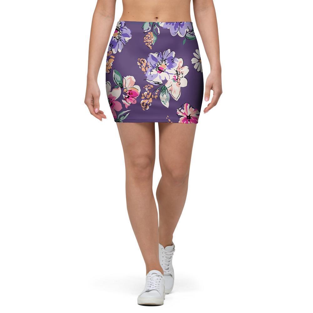 Purple Floral Print Mini Skirt-grizzshop
