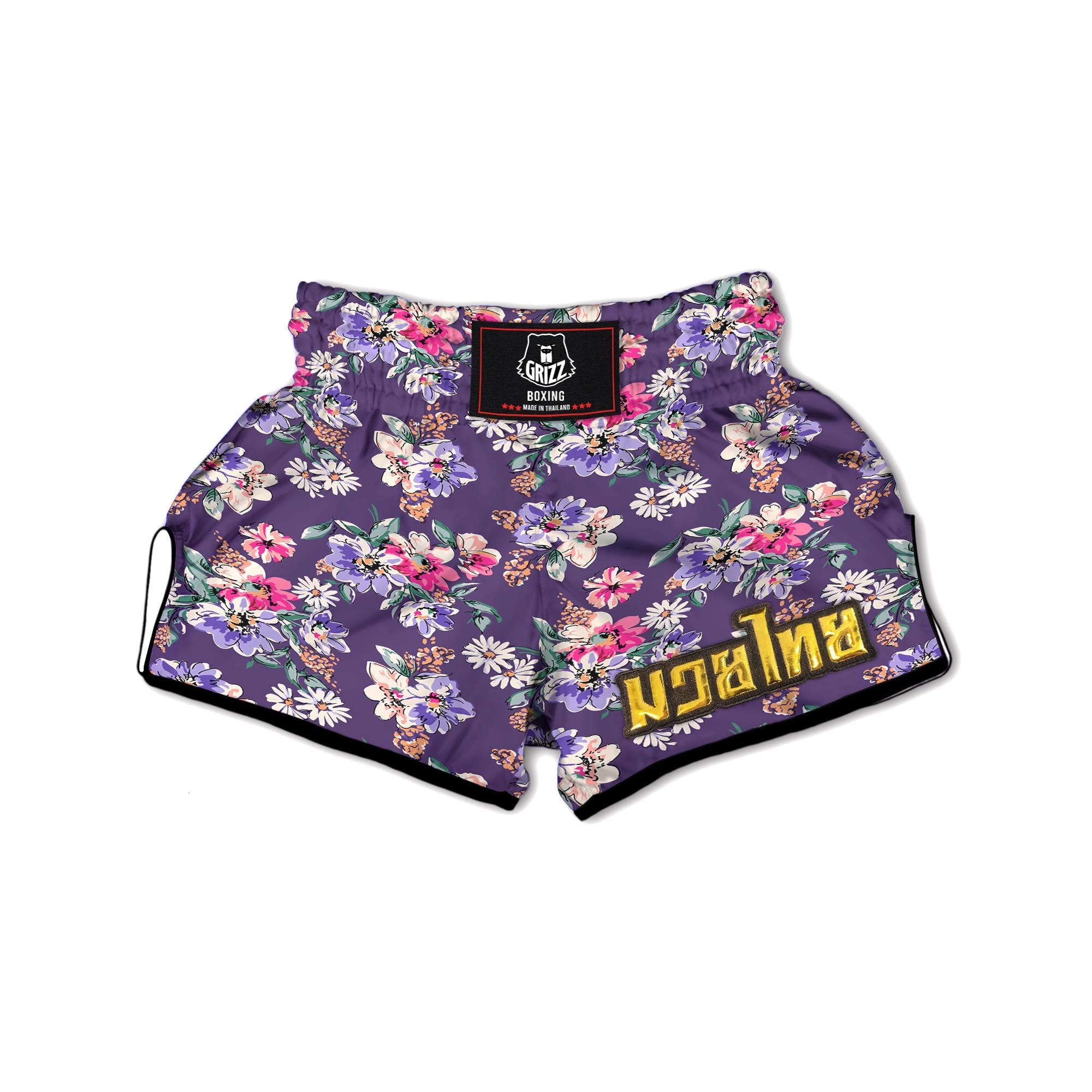 Purple Floral Print Muay Thai Boxing Shorts-grizzshop