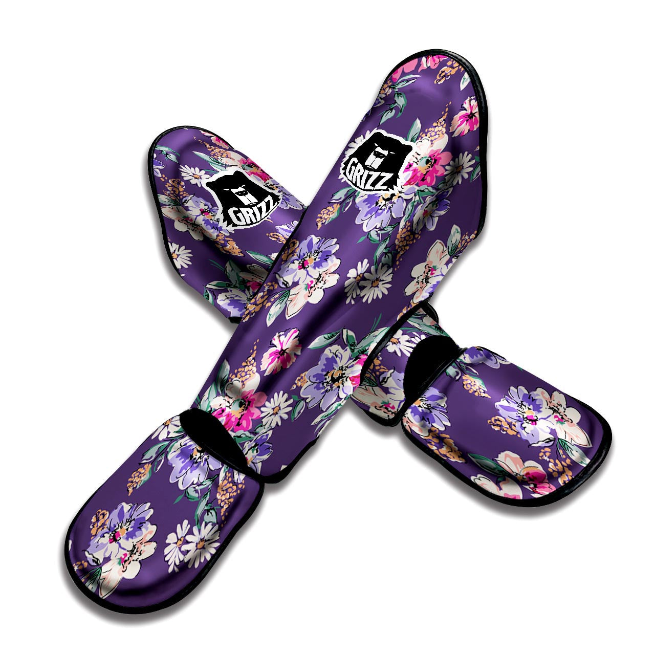 Purple Floral Print Muay Thai Shin Guard-grizzshop