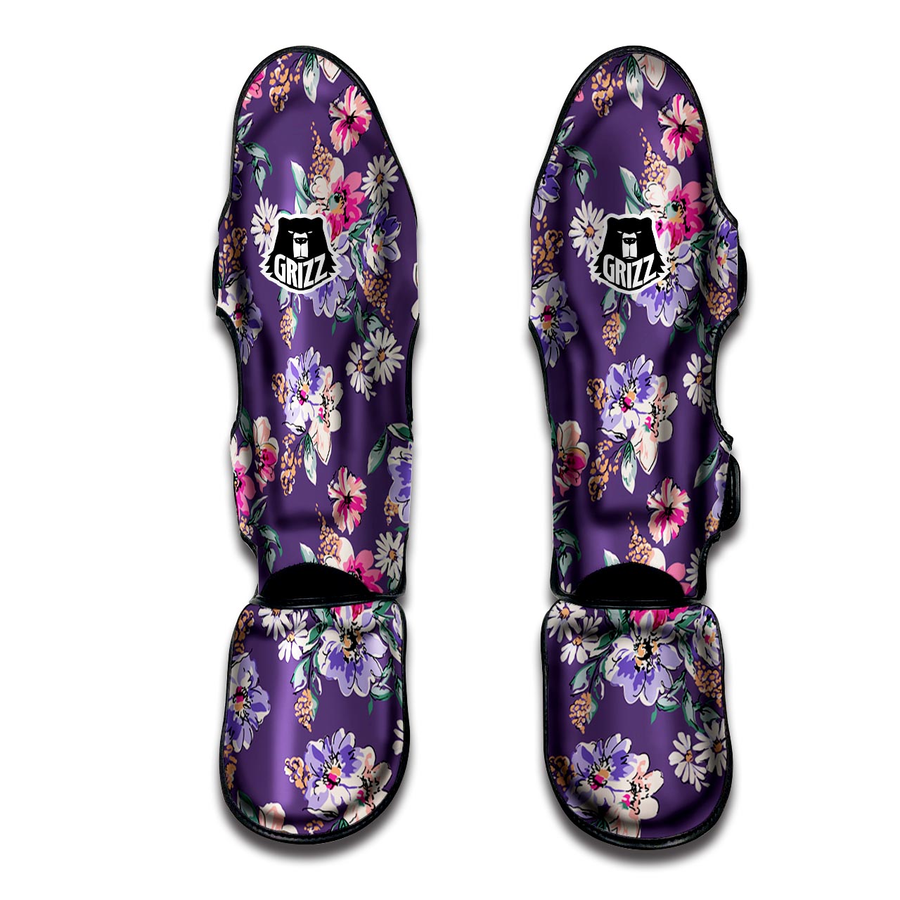 Purple Floral Print Muay Thai Shin Guard-grizzshop