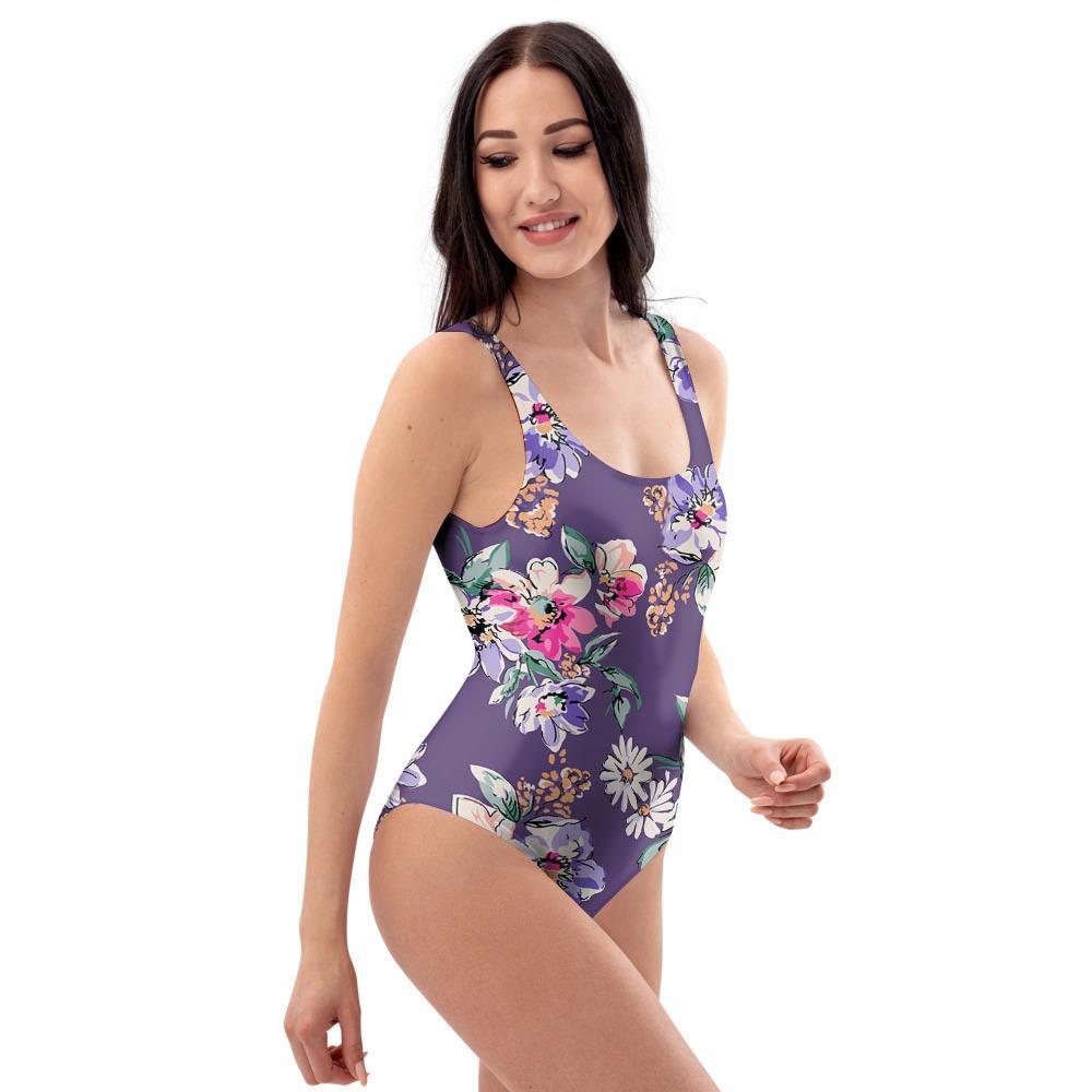 Purple Floral Print One Piece Swimsuite-grizzshop