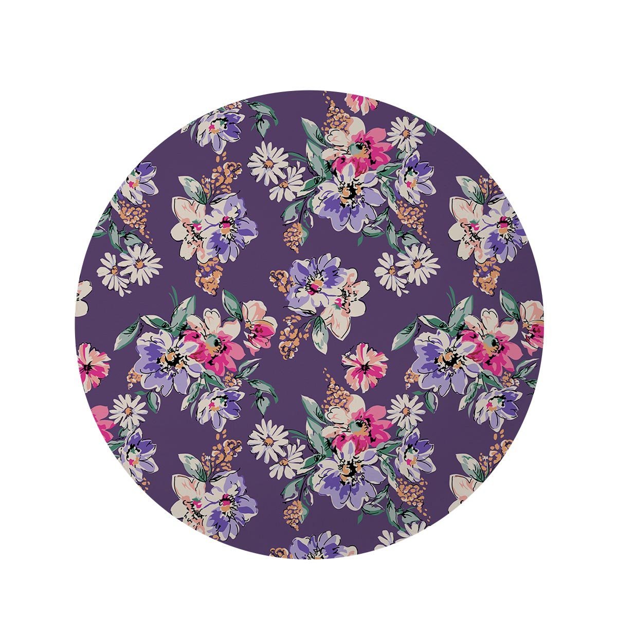 Purple Floral Print Round Rug-grizzshop