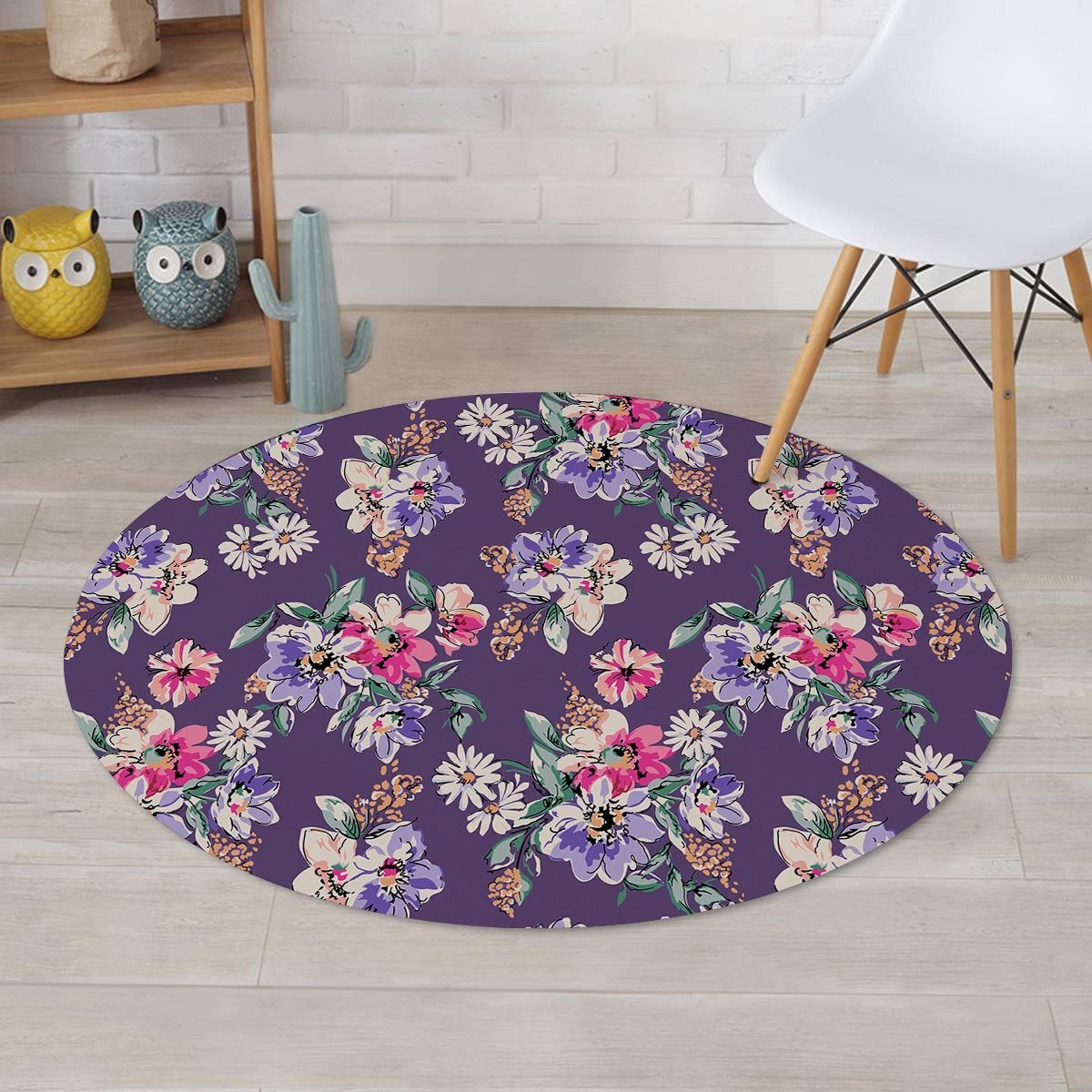 Purple Floral Print Round Rug-grizzshop