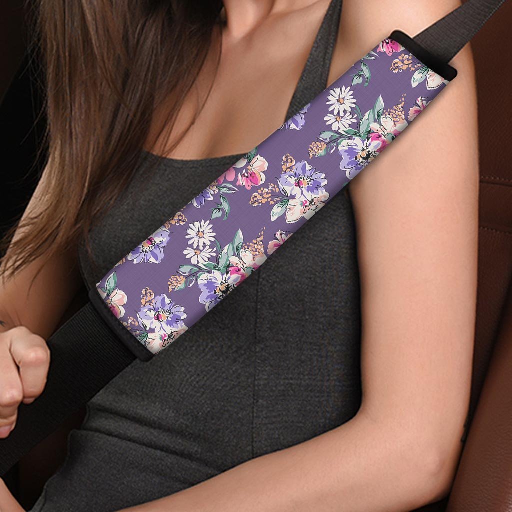 Purple Floral Print Seat Belt Cover-grizzshop