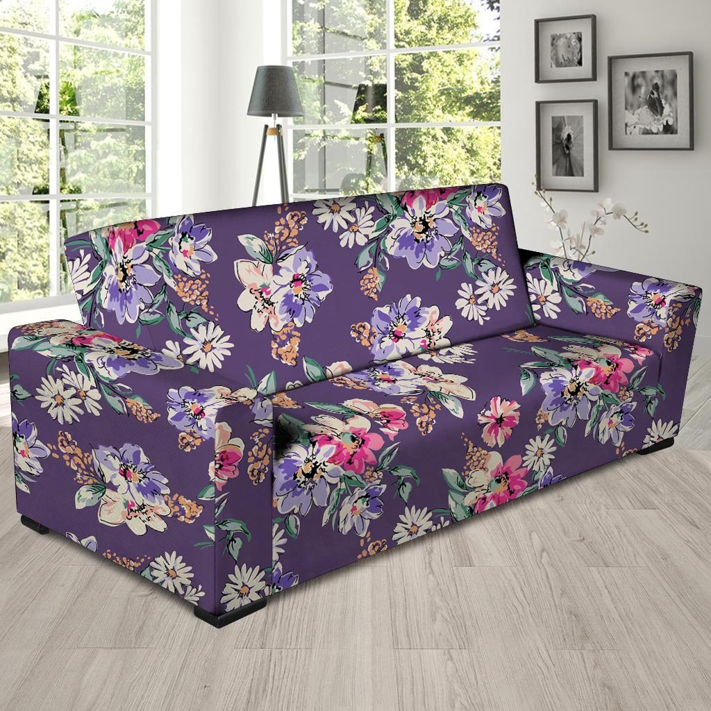 Purple Floral Print Sofa Cover-grizzshop