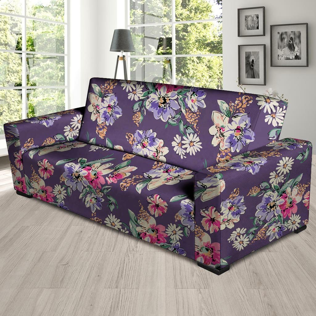 Purple Floral Print Sofa Cover-grizzshop