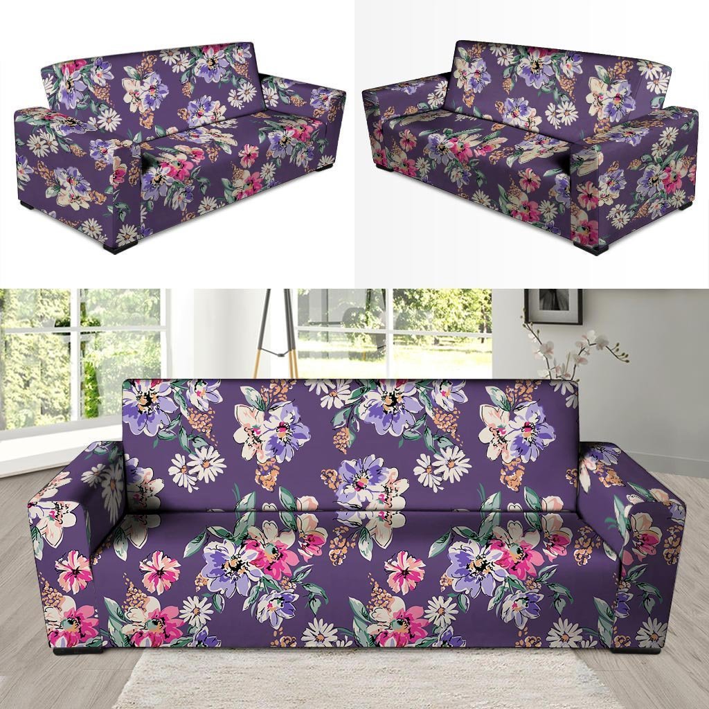 Purple Floral Print Sofa Cover-grizzshop