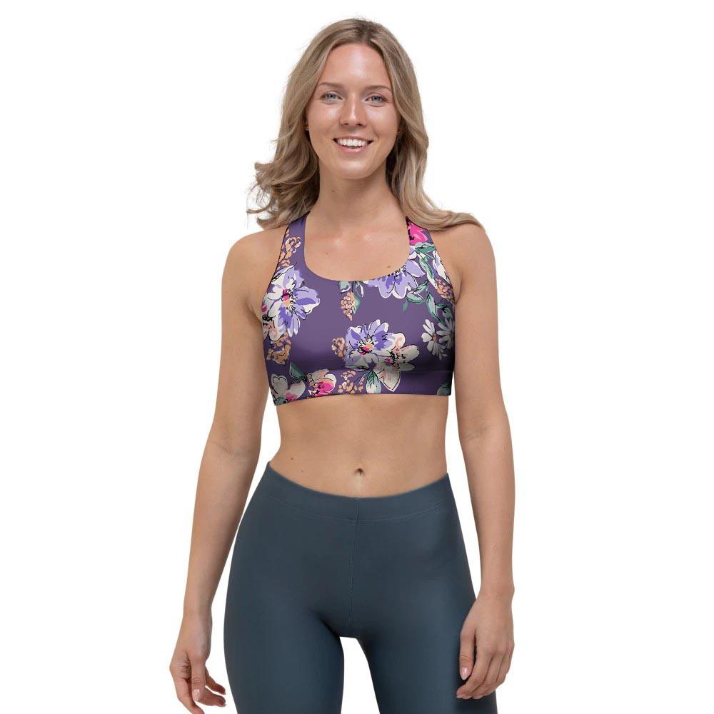 Purple Floral Print Sports Bra-grizzshop