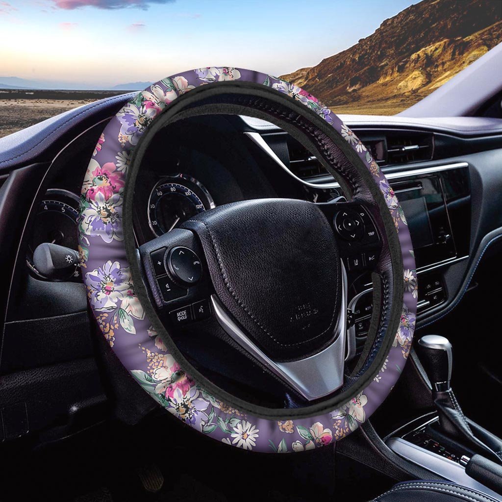 Purple Floral Print Steering Wheel Cover-grizzshop