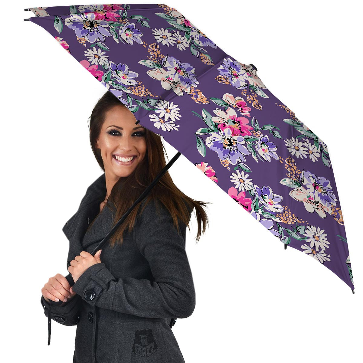 Purple Floral Print Umbrella-grizzshop