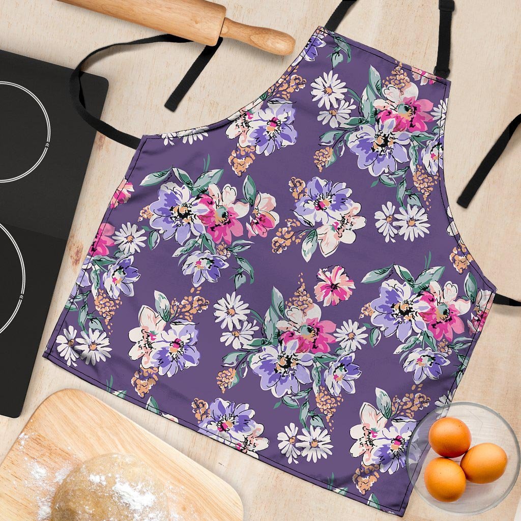 Purple Floral Print Women's Apron-grizzshop