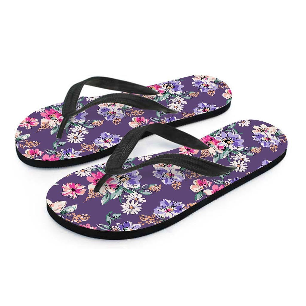 Purple Floral Print Women's Flip Flops-grizzshop