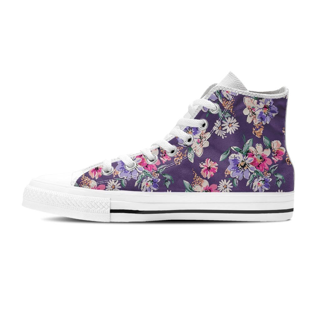 Purple Floral Print Women's High Top Shoes-grizzshop