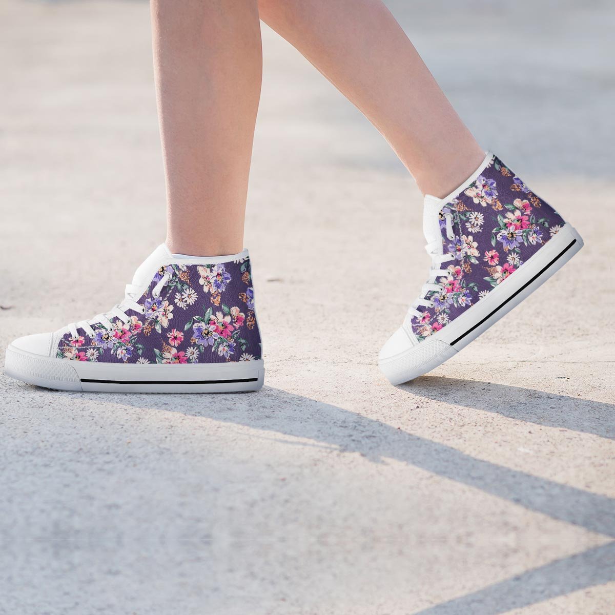 Purple Floral Print Women's High Top Shoes-grizzshop