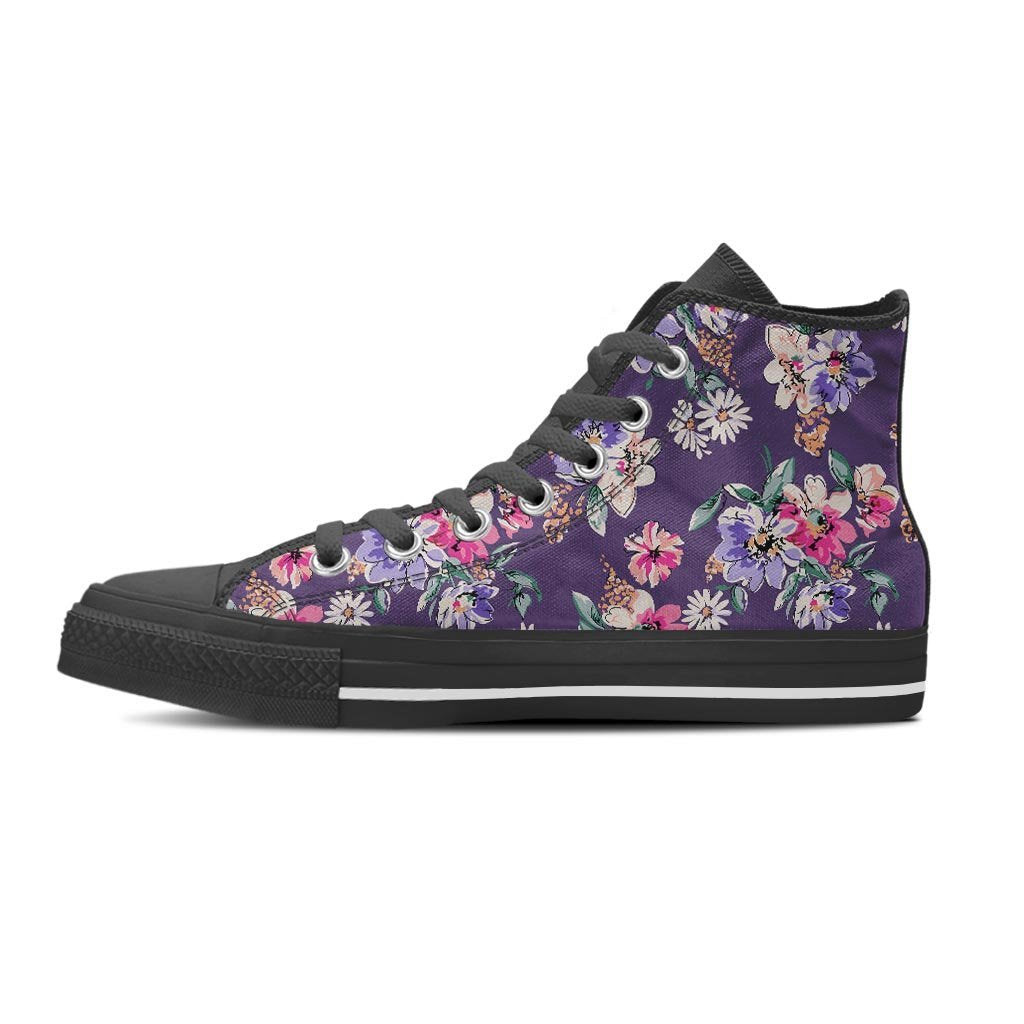 Purple Floral Print Women's High Top Shoes-grizzshop