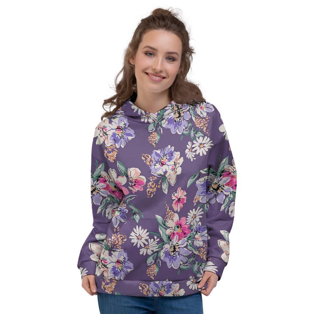 Purple Floral Print Women's Hoodie-grizzshop