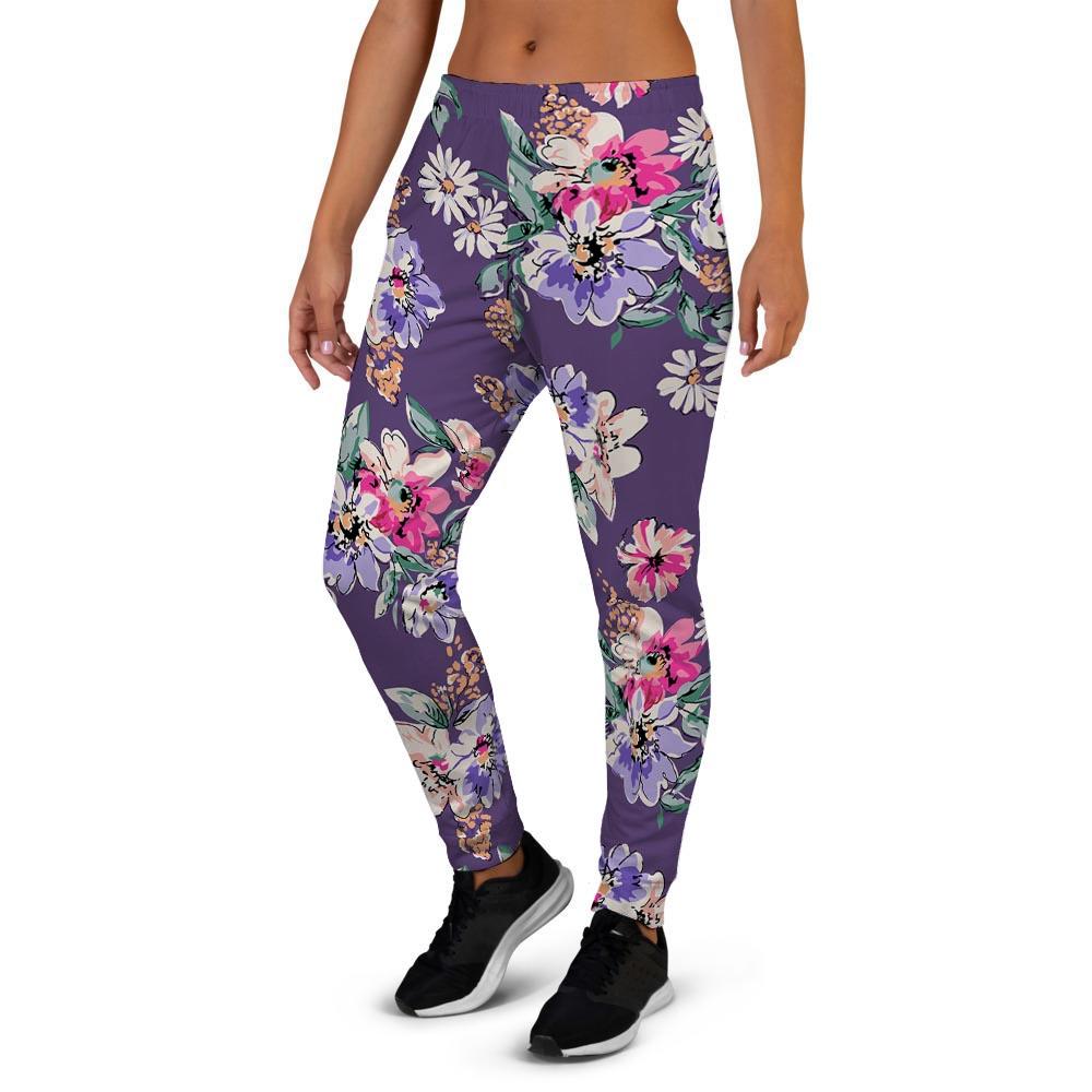 Purple Floral Print Women's Joggers-grizzshop