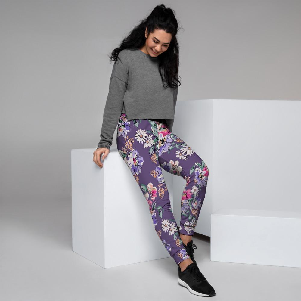 Purple Floral Print Women's Joggers-grizzshop