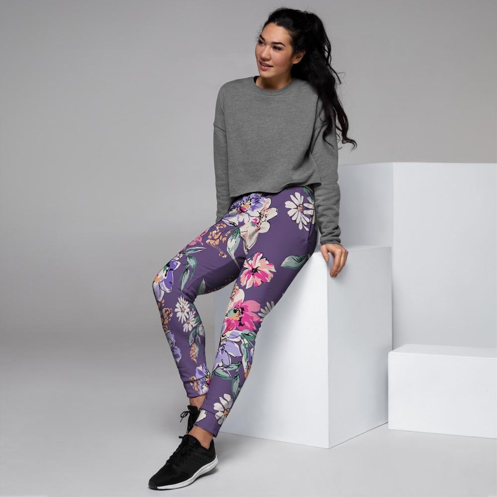 Purple Floral Print Women's Joggers-grizzshop