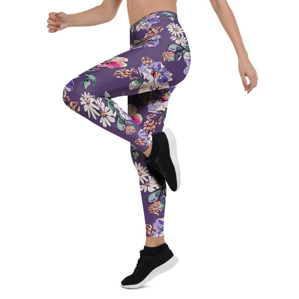 Purple Floral Print Women's Leggings-grizzshop