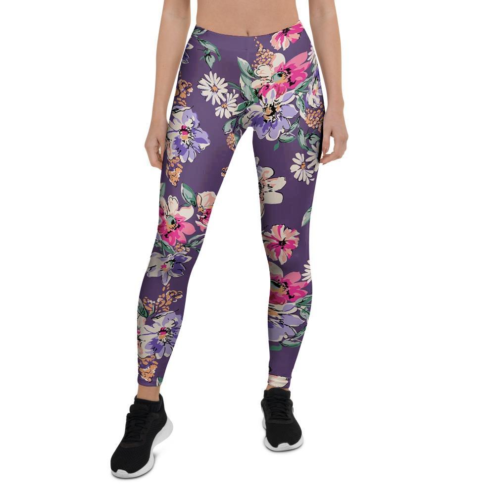 Purple Floral Print Women's Leggings-grizzshop