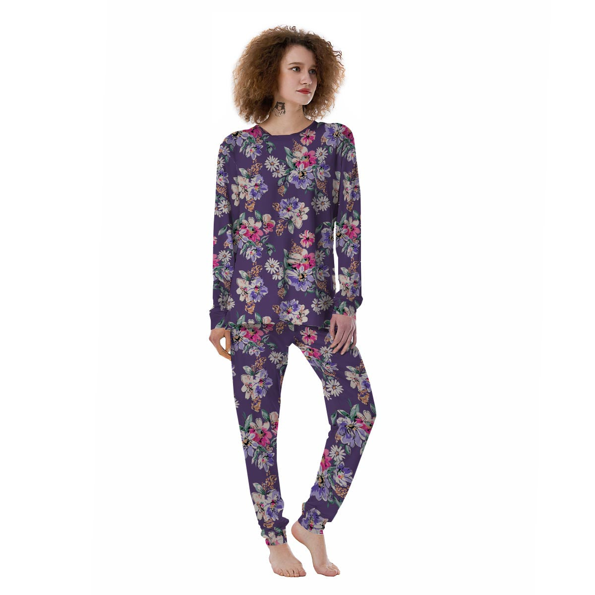 Purple Floral Print Women's Pajamas-grizzshop