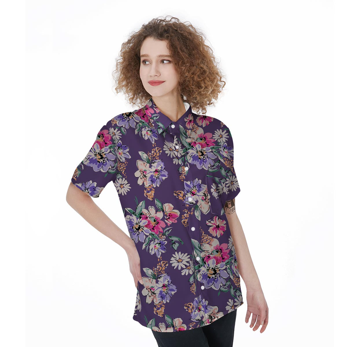 Purple Floral Print Women's Short Sleeve Shirts-grizzshop