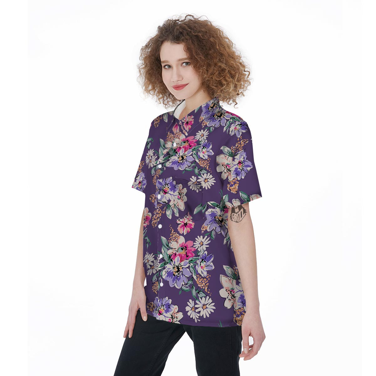 Purple Floral Print Women's Short Sleeve Shirts-grizzshop