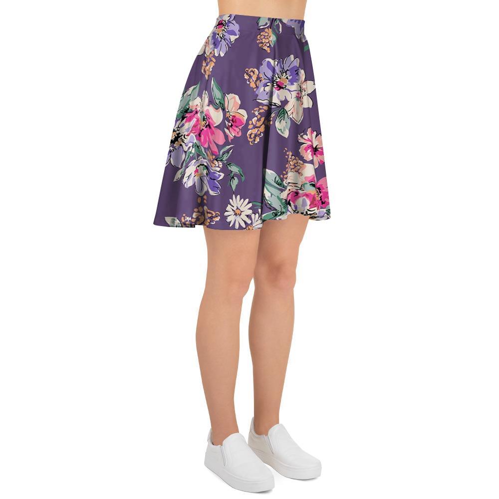Purple Floral Print Women's Skirt-grizzshop